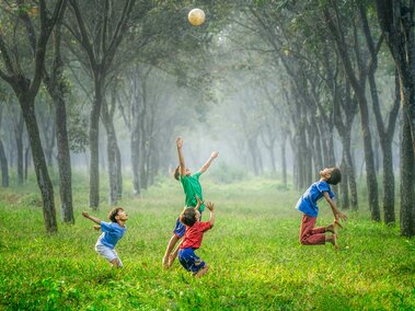 children jumping and playing on a grassy area surrounded by trees